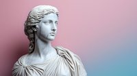 Classical marble sculpture of female figure with braided hair and draped clothing against gradient pink and blue background, artistic composition.