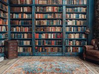 Vintage library interior with floor-to-ceiling blue wooden bookshelves filled with antique books, leather armchair and oriental rug on wooden floor. Classic study room.