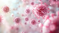 Pink microscopic virus cells floating in blurred background with detailed protein spikes and molecular structure, scientific visualization for medical research and education.
