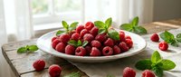 Fresh red raspberries arranged on white plate with mint leaves, scattered berries on wooden surface near window. Perfect for food, culinary, and recipe content.