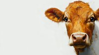 Young brown cow portrait with curious expression and large eyes against white background, close-up view showing detailed facial features and soft fur texture.