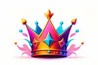 Vibrant royal crown in gradient colors of pink, blue and orange with star decorations and flowing ribbons, isolated on white background for gaming and design projects.