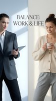 Split screen concept showing professional businesswoman in gray suit with tablet contrasted with relaxed woman in cozy cardigan holding coffee mug at home.