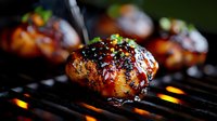 Juicy grilled chicken thighs glazed with sweet and savory Asian-inspired sauce, garnished with sesame seeds and green onions, cooking on barbecue grill with flames.