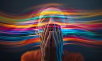 Hands covering face against vibrant multicolored light waves, expressing emotional struggle and mental health concept. Dark atmospheric mood creates powerful visual impact.