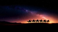 Desert caravan silhouette with camels walking across sand dunes under starry night sky with Milky Way galaxy and colorful sunset horizon for travel concepts.