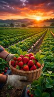 Fresh strawberries in wicker basket at sunrise farm field with dramatic orange sky. Hands holding organic berry harvest from agricultural plantation rows.