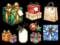 Festive gift boxes and holiday presents isolated on transparent background, ready for t-shirt design, clipart, stickers, print-on-demand products and sublimation projects.