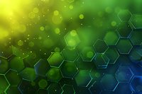 Abstract molecular structure with hexagonal pattern on gradient background from yellow to green and blue with bokeh effect and glowing particles.