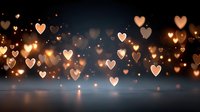 Romantic heart-shaped bokeh lights floating over reflective surface creating warm golden glow perfect for Valentine's Day wedding anniversary celebrations.