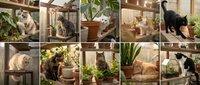 Adorable cats playing among potted plants on wooden shelves in cozy indoor garden setting. Feline companions exploring green botanical display.