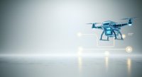 Futuristic drone with holographic interface elements and digital overlay on minimalist white background, representing advanced technology and autonomous flight systems.