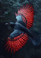 Majestic black raven with glowing red wings spreads feathers in flight against dark moody background, dramatic lighting highlights detailed plumage and mystical atmosphere.