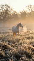 White horse standing in misty morning field with bare trees, golden sunlight filtering through fog and frost-covered grass, ideal for equestrian and nature themes.