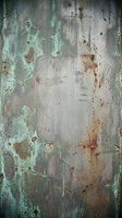Weathered metal surface with peeling green paint and rust stains creating vintage industrial texture for backgrounds and design projects.