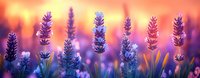 Purple lavender flowers blooming in field during golden sunset with warm orange and pink sky creating dreamy romantic atmosphere for aromatherapy wellness.