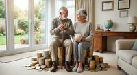 Senior Caucasian couple sitting together surrounded by stacks of golden coins in bright living room, planning retirement finances and savings goals.