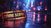Crime scene barrier tape on wet asphalt reflecting neon city lights at night during rain, creating dramatic atmosphere for detective story or police investigation.