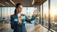Young professional woman in business attire interacting with digital email icons in modern office with city skyline view, representing communication and digital messaging technology.