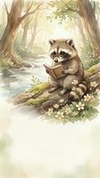 Cute raccoon reading book in enchanted forest watercolor illustration for children's stories and educational materials.