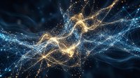Abstract digital network with glowing golden and blue energy waves, particles and connecting lines on dark background for technology concepts.