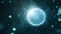 Glowing sphere with connected dots and lines forming network structure against dark background with bokeh lights and particles floating in space.