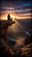 Man meditating on cliff edge at sunrise overlooking canyon landscape with dramatic golden sky and mountain silhouettes for mindfulness and wellness concepts.