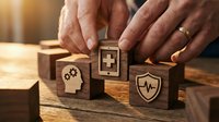 Hands arranging wooden blocks with healthcare symbols including medical cross, brain with gears, and shield with heartbeat on warm wooden surface.