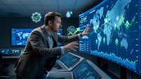 Caucasian businessman analyzing global financial data on interactive digital screens in modern control room for market research and investment decisions.