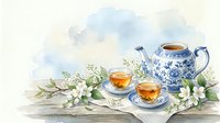 Watercolor tea set with blue and white porcelain teapot, two cups, and jasmine flowers on rustic table, soft pastel background.
