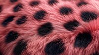 Pink fluffy fur texture with black spots pattern, close up view of soft furry material surface with animal print design for fashion and textile backgrounds.
