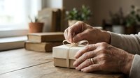 Senior woman with wrinkled hands unwrapping kraft paper gift box on wooden table indoors, surrounded by books and potted plants, suitable for holiday, celebration, and lifestyle content.