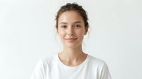 Young woman with light brown hair pulled back, fair complexion, and Caucasian ethnicity wearing white t-shirt against neutral background. Portrait suitable for casual apparel marketing and lifestyle content.