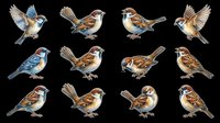 Sparrow bird set with multiple poses, isolated on transparent background, ready for stickers, clipart, t-shirt design, print on demand, and sublimation projects.