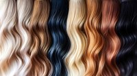 Colorful hair extensions display showing wavy synthetic strands in blonde, brunette, black and copper tones for beauty salon styling and fashion makeover.