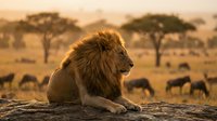 Male lion resting on rock in savanna landscape with grazing wildlife and acacia trees during golden hour, suitable for wildlife and nature content.