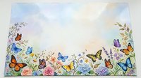 Watercolor spring garden border with colorful butterflies, blooming flowers and delicate branches on soft pastel background for greeting cards and invitations.
