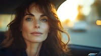 Middle-aged Caucasian woman with wavy brown hair and green eyes in warm golden hour light with soft bokeh background for lifestyle and beauty concepts.