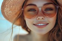 Young woman with freckles wearing stylish sunglasses and straw hat smiling naturally in warm summer sunlight, close-up portrait showing genuine happiness.