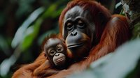Tender moment between orangutan mother and baby in natural habitat, showing maternal care and protection among endangered primates in rainforest setting.