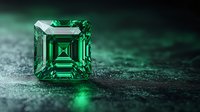 Square cut emerald gemstone on dark textured surface with green reflections and dramatic lighting, luxury jewelry concept for precious stones and fine gems.