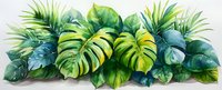 Lush tropical foliage with monstera, palm leaves, and philodendron in vibrant green watercolor style, creating a fresh botanical border.