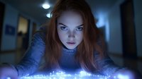 Young Caucasian woman with red hair illuminated by bright blue screen light in dark room, focused expression while using digital device late at night.