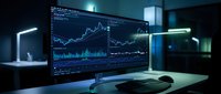 Trader analyzing stock market charts and financial data on multiple monitors in modern office workspace at night.