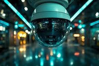 Modern security dome camera in urban environment with neon blue lighting and bokeh reflections creating futuristic surveillance atmosphere at night.