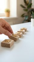 Hand placing wooden blocks with golden human figures in row demonstrating teamwork leadership and business strategy planning concepts.