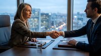 Caucasian businesswoman and man shaking hands at conference table with city skyline view through office window, sealing corporate deal or partnership agreement.