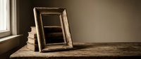 Vintage wooden picture frames stacked on rustic table near window with warm natural lighting creating nostalgic atmosphere for home decor projects.