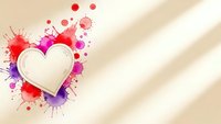 White heart with colorful paint splashes on cream background for romantic designs, Valentine's Day cards, love themes and creative projects.