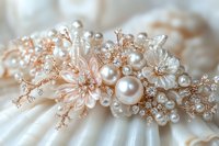 Delicate rose gold bridal hair accessory with pearls and crystal flowers on white silk fabric, featuring intricate floral design and romantic wedding details.